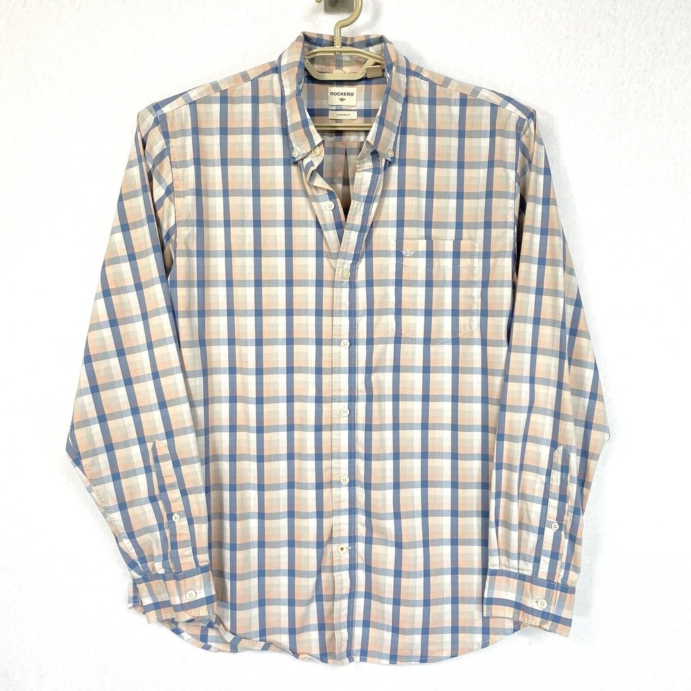 Dockers Men's Dress Shirt Standard Fit L Pink Blue White Checked Derby Style